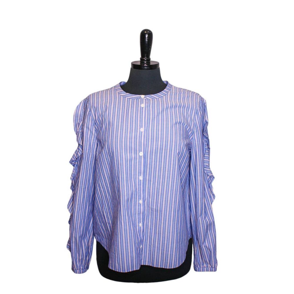 Madewell Blue and White Striped Ruffle Sleeve Button-Up Blouse NWOT